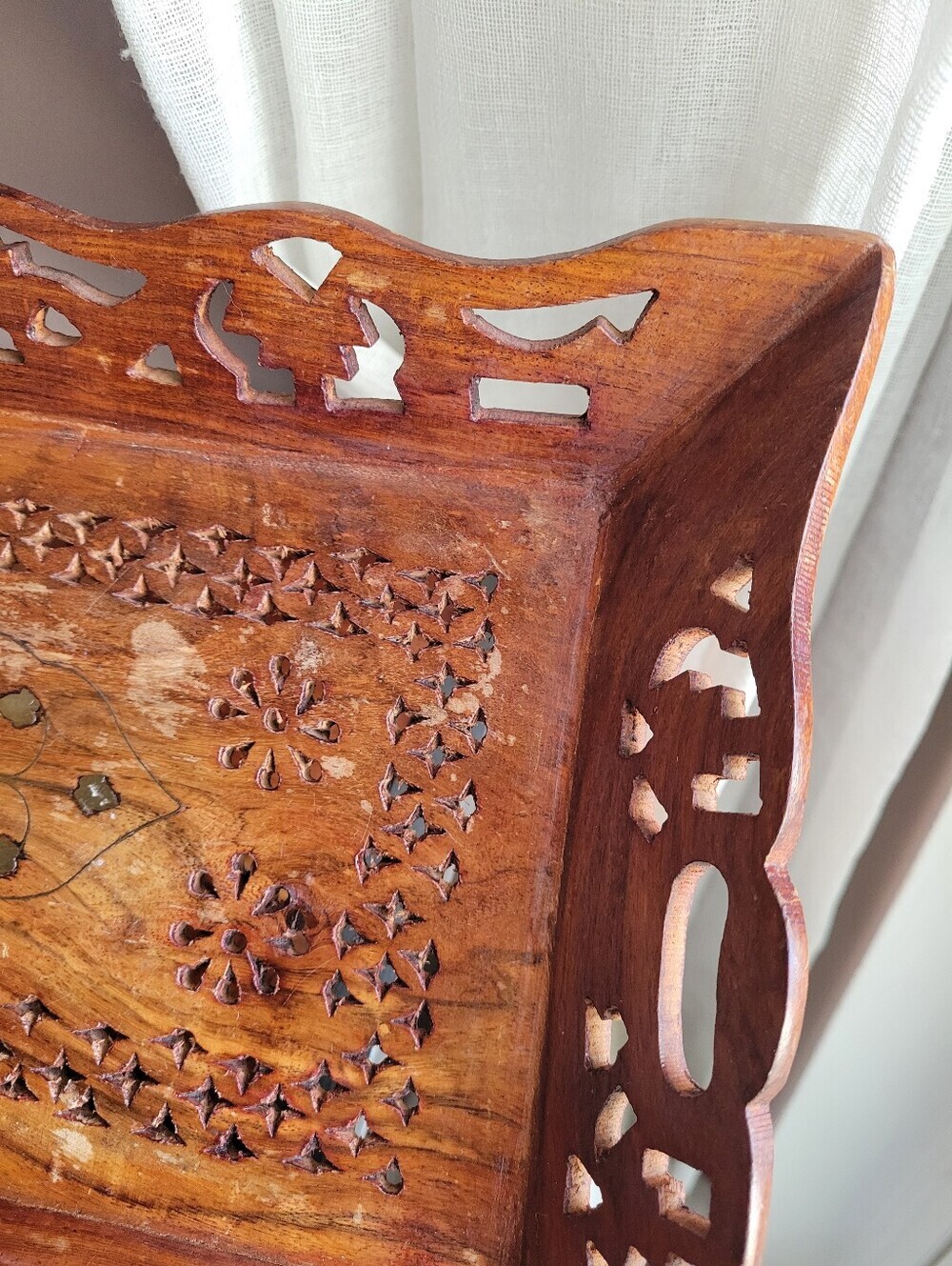 Artisanal Handcrafted Wooden Serving Tray Open-work Lattice Borders Floral Desig - Picture 11 of 11
